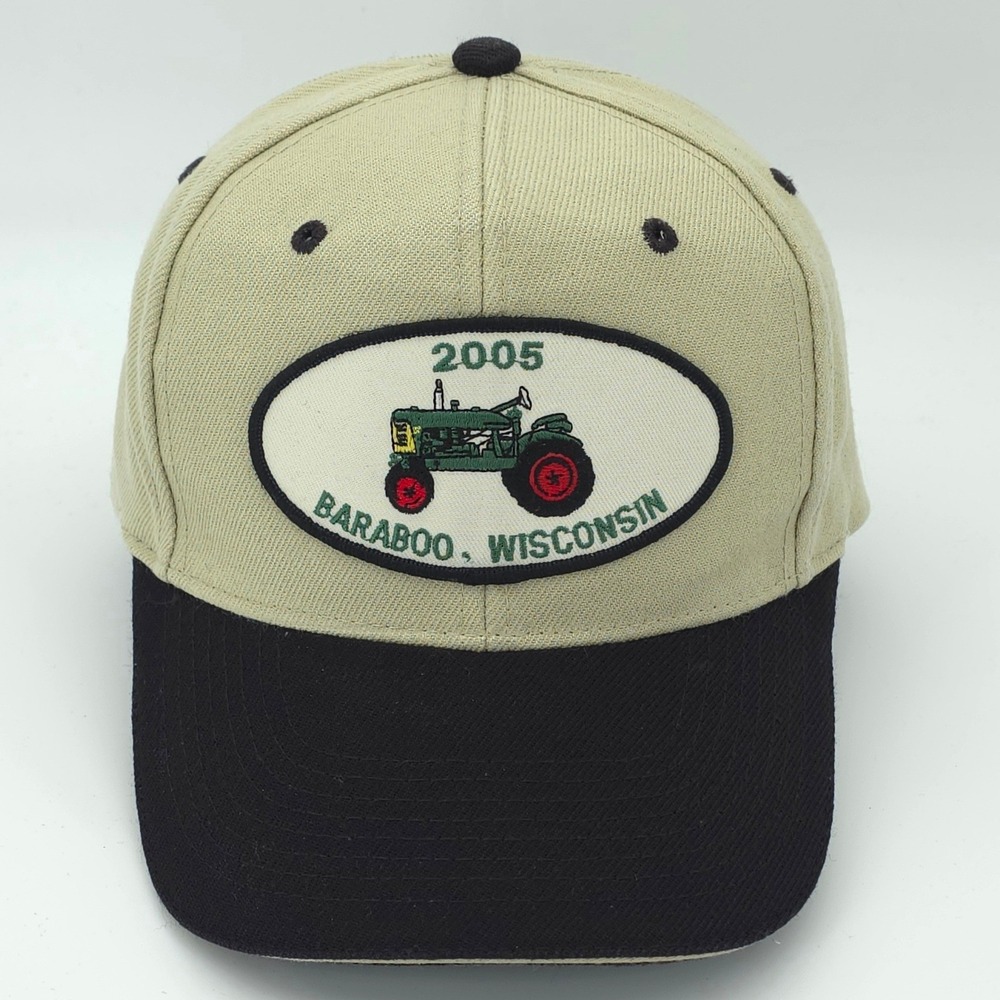 VINTAGE 2005 Baraboo Wisconsin Tractor Hat Cap Mens Strap Back Tan Black Otto